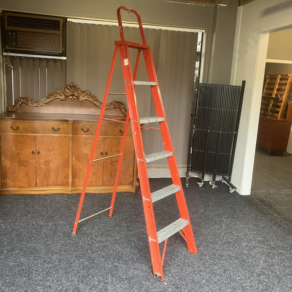 Vintage 6 Step Ladder, Orange With Galv Steps Image 1++