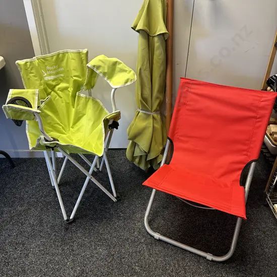 Rocky Mountain Fold Up Camping Chair, Red Fold Uo Chair, Avocado Colour Outdoor Umbrella