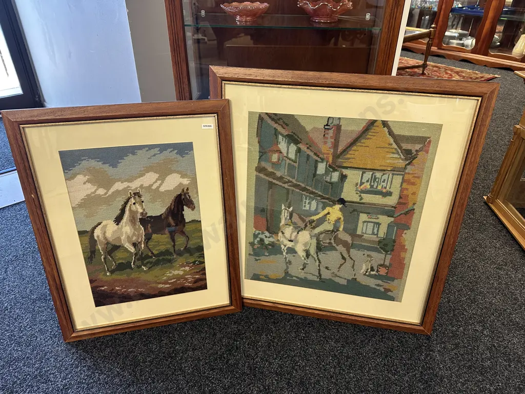 Pair of Vintage Equestrian Framed Cross Stitches Image 1++