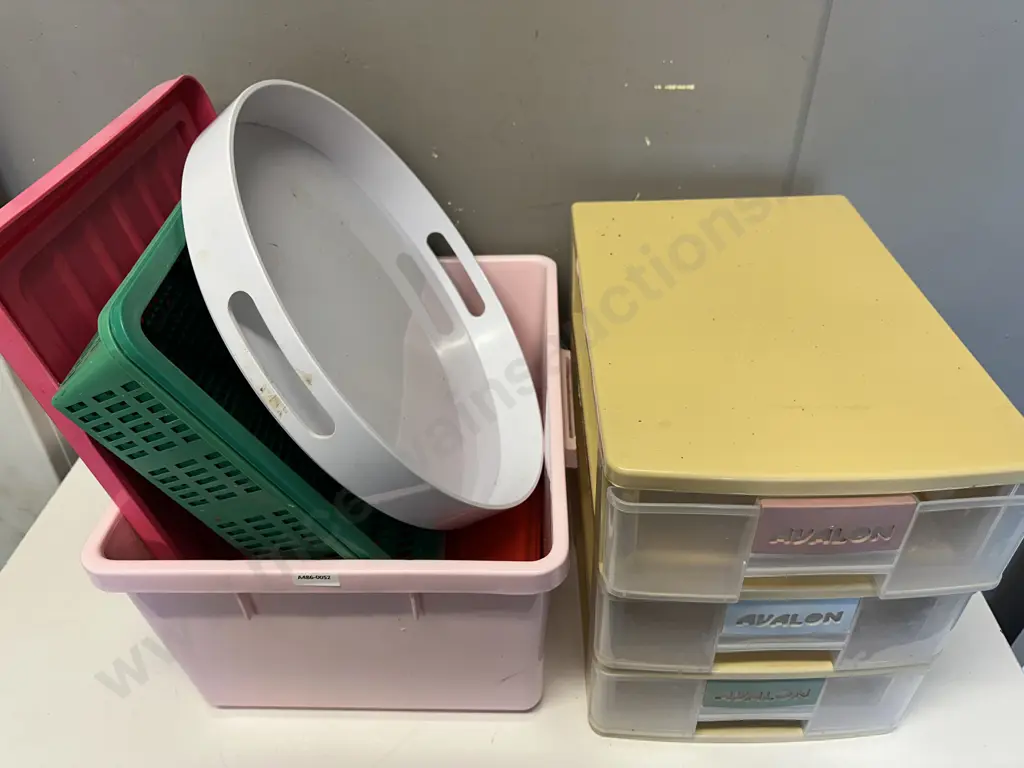 Assorted Plastic Items, Lidded Pink Bin, Avalon 3 Drawer Storage Etc Image 1++