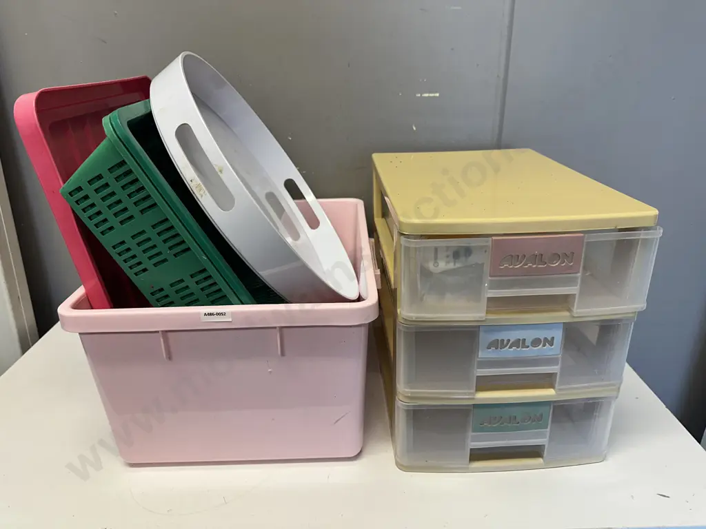 Assorted Plastic Items, Lidded Pink Bin, Avalon 3 Drawer Storage Etc Image 1++