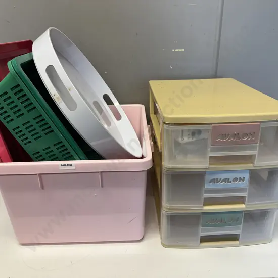 Assorted Plastic Items, Lidded Pink Bin, Avalon 3 Drawer Storage Etc