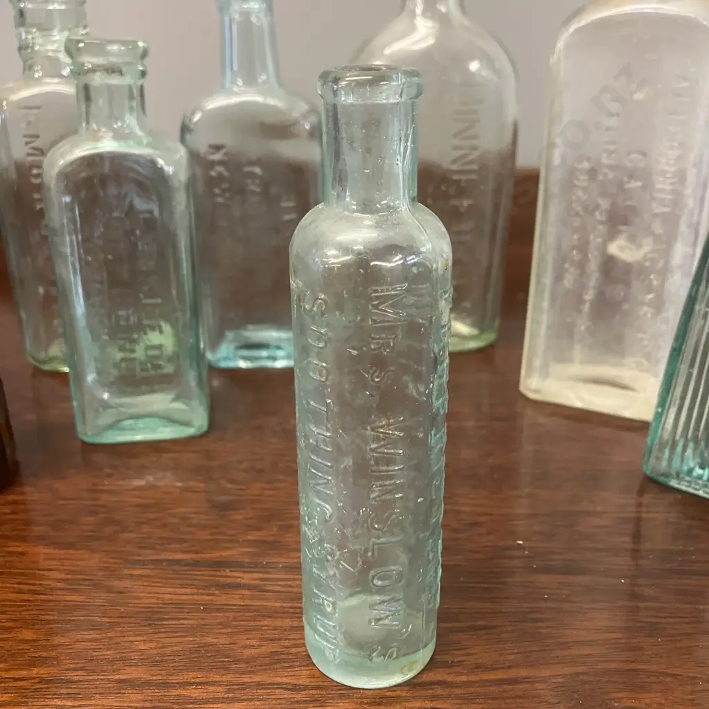 Victorian Pacolol Aqua Poison Bottle, Mrs Winslow's Soothing Syrup, Aqua Barry's Tricopherous Bottle Etc Image 1++