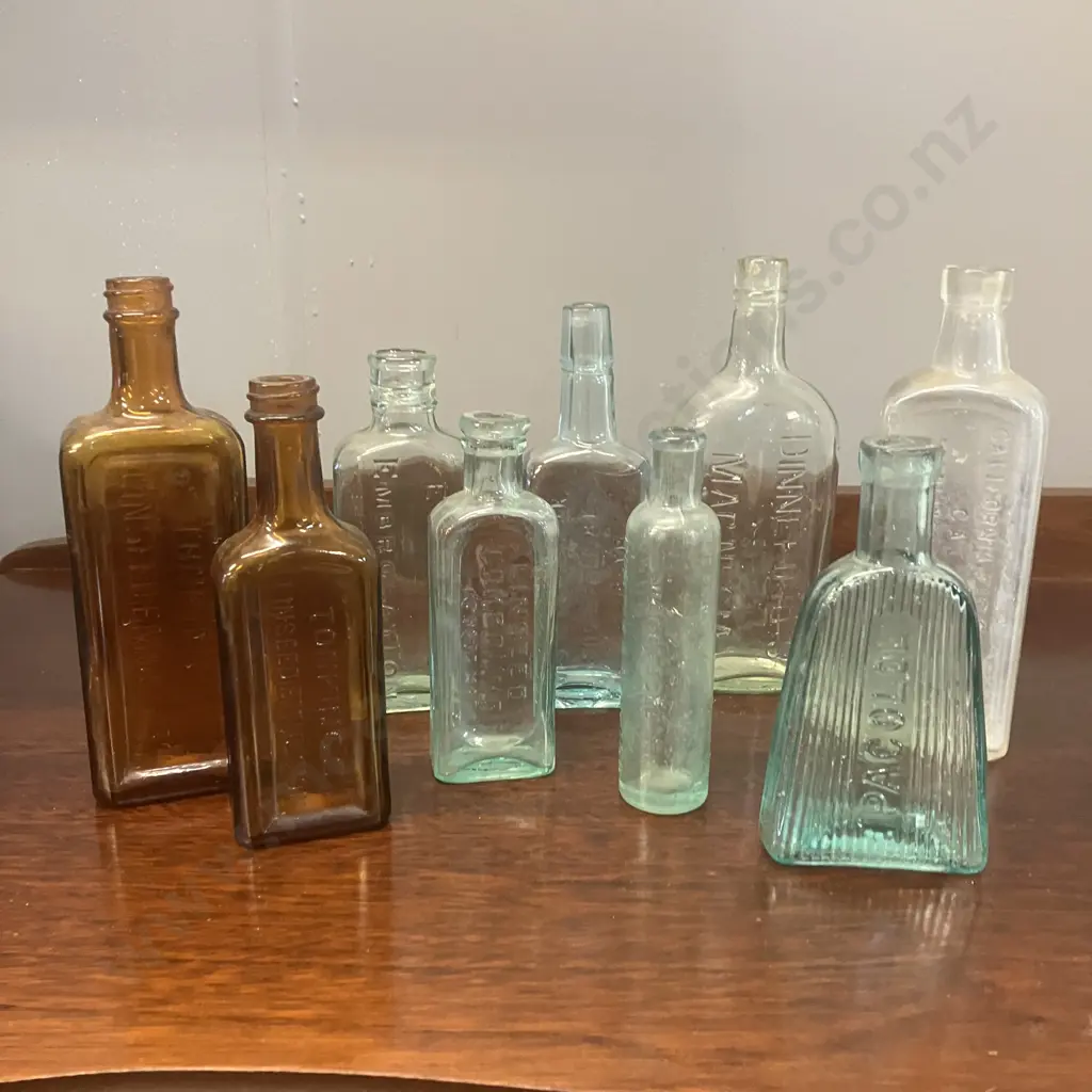 Victorian Pacolol Aqua Poison Bottle, Mrs Winslow's Soothing Syrup, Aqua Barry's Tricopherous Bottle Etc Image 1++