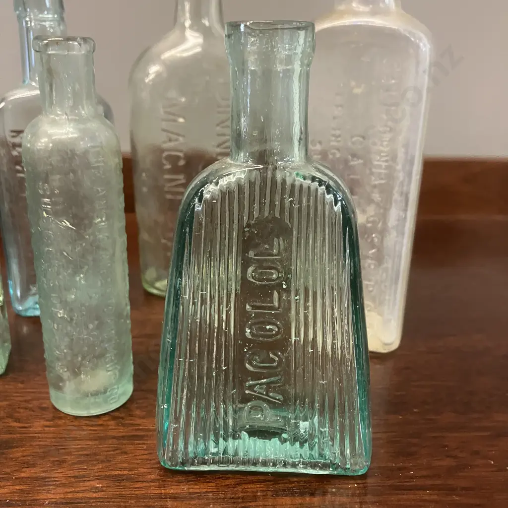 Victorian Pacolol Aqua Poison Bottle, Mrs Winslow's Soothing Syrup, Aqua Barry's Tricopherous Bottle Etc Image 1++