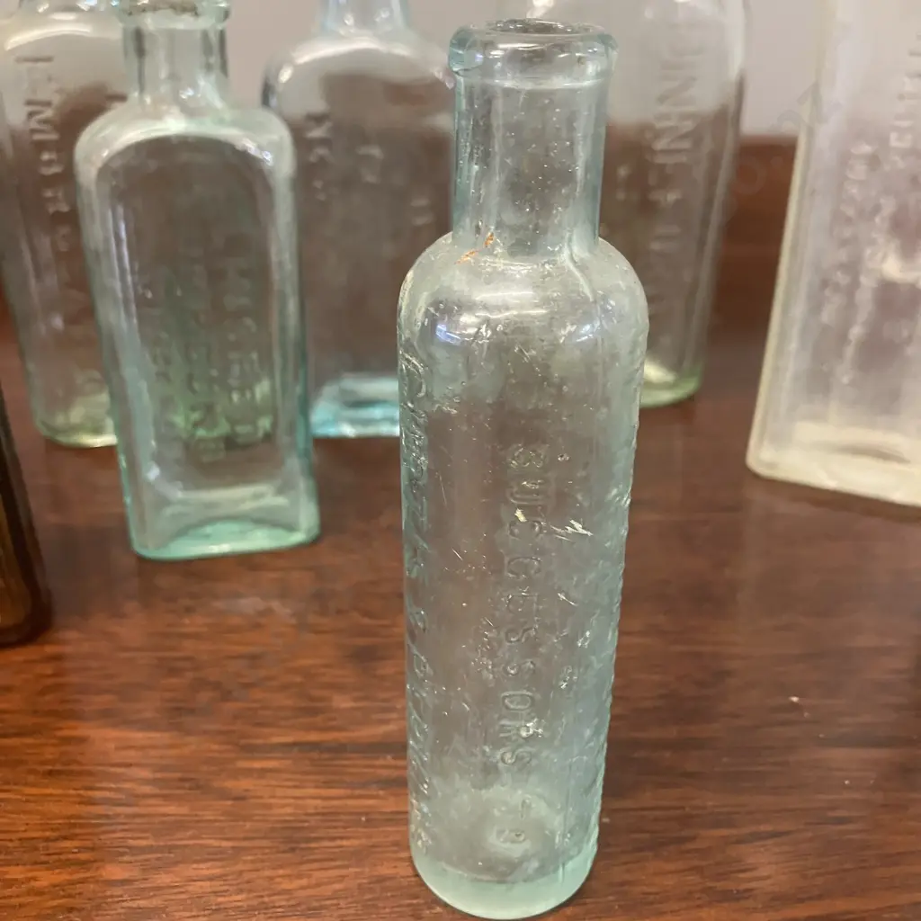 Victorian Pacolol Aqua Poison Bottle, Mrs Winslow's Soothing Syrup, Aqua Barry's Tricopherous Bottle Etc Image 1++