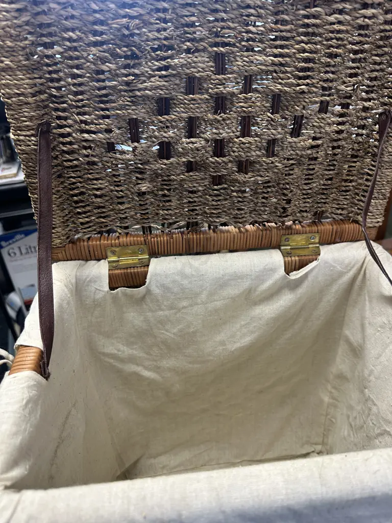 Vintage Rattan Laundry Hamper With Cream Liner H43,W40,D27cm. Image 1++