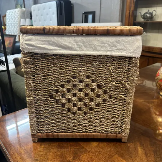 Vintage Rattan Laundry Hamper With Cream Liner H43,W40,D27cm.