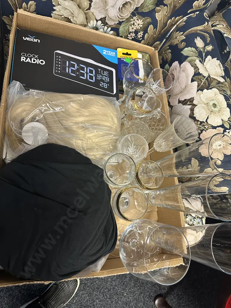 Box Of Assorted Items Including Veon Clock Radio, Haberdashery, Glasses Etc Image 1++