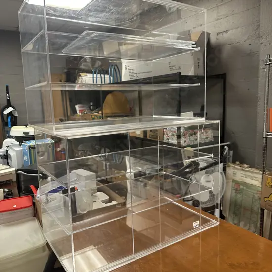 Pair of Perspex Shelved Display Cabinets With Sliding Doors. H40 W57.5 D33cm (As Found)