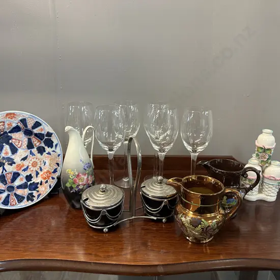 Box Lot Condiment Set, Glasses, Vases Etc