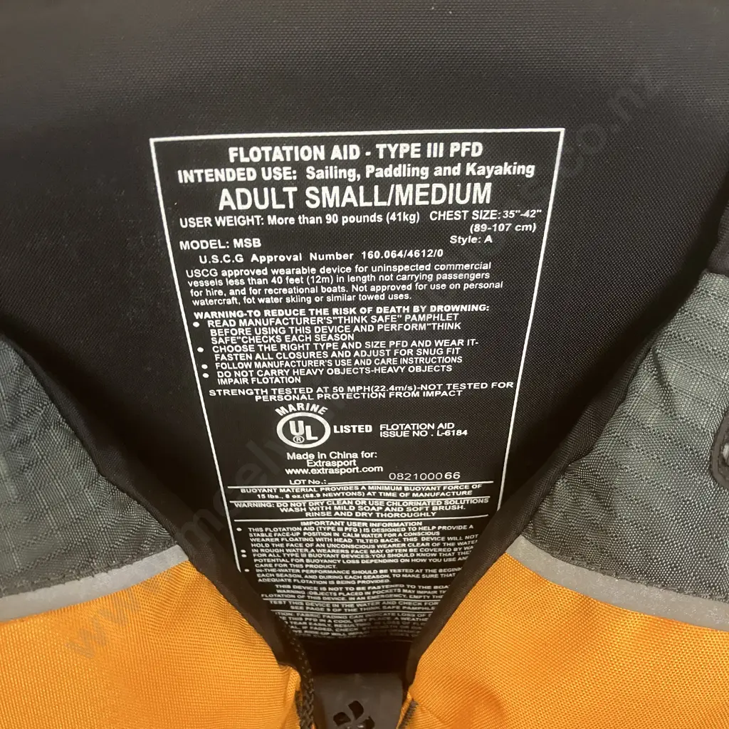 Extrasport Type lll PFD Adult Adult Small / Medium - Orange Image 1++