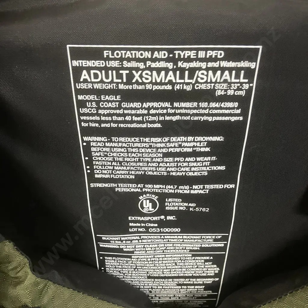 Extrasport Type lll PFD Adult XSmall / Small - Green Image 1++