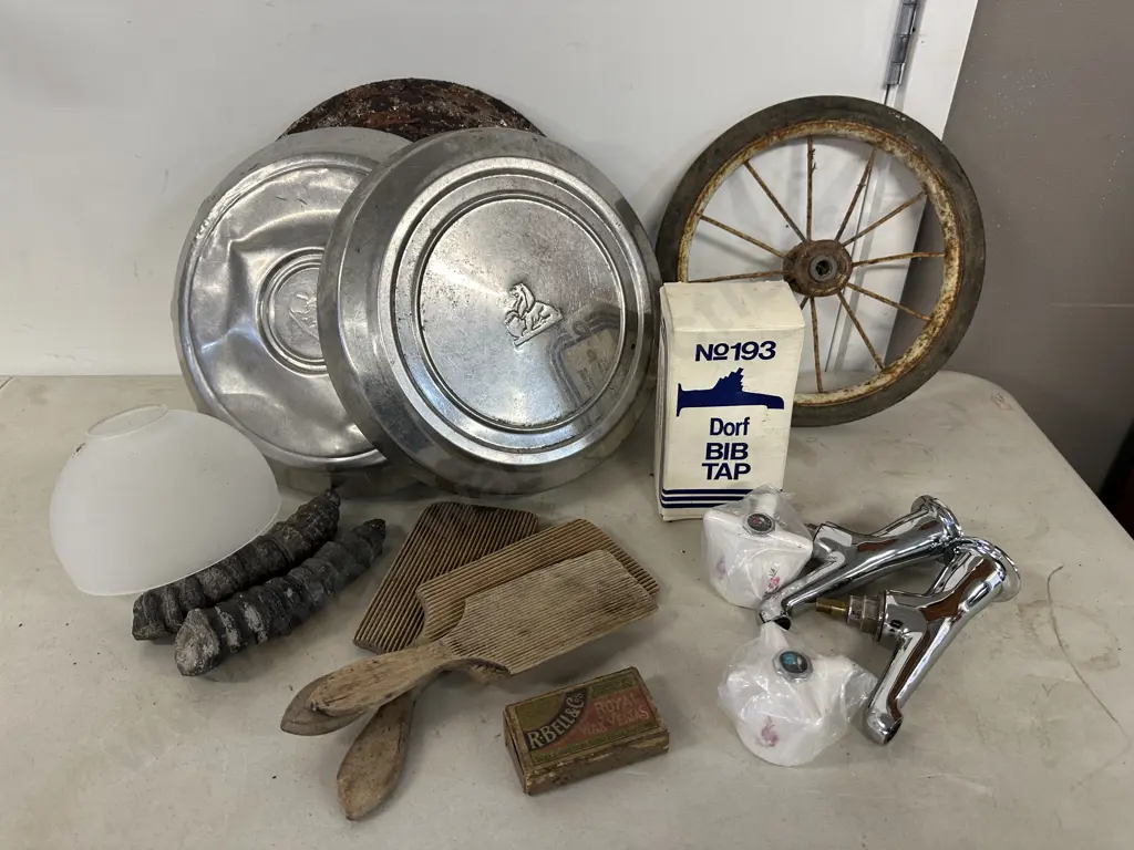 Selection Of Vintage Items Including Holden Hub Caps, Wheel, Dorf Taps Etc Image 1++