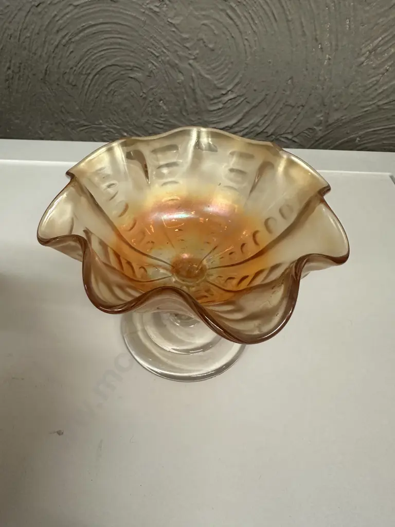 Vintage Carnival Glass Compote Dish Thumb Print Pattern  H11,W15cm. Image 1++