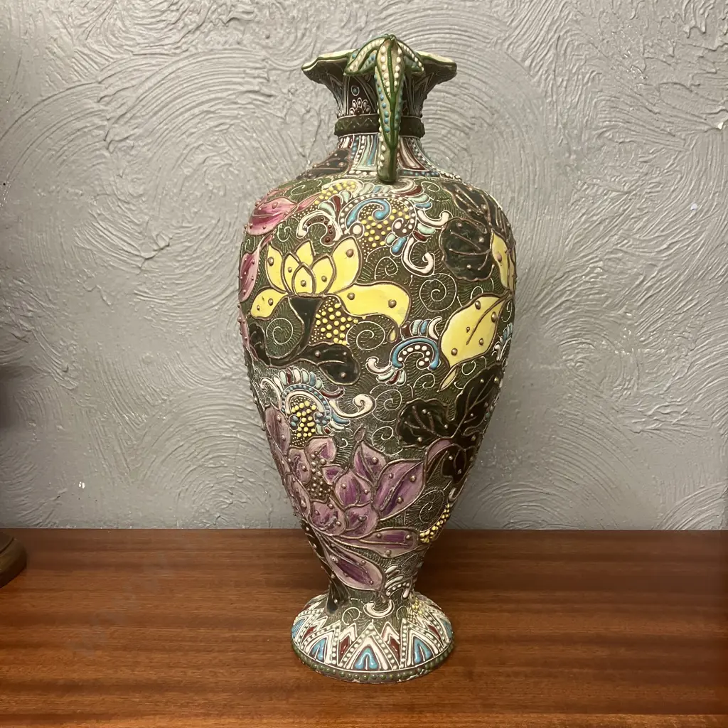 Antique Japanese Satsuma Vase Raised Floral Image With Handles H40cm. Image 1++