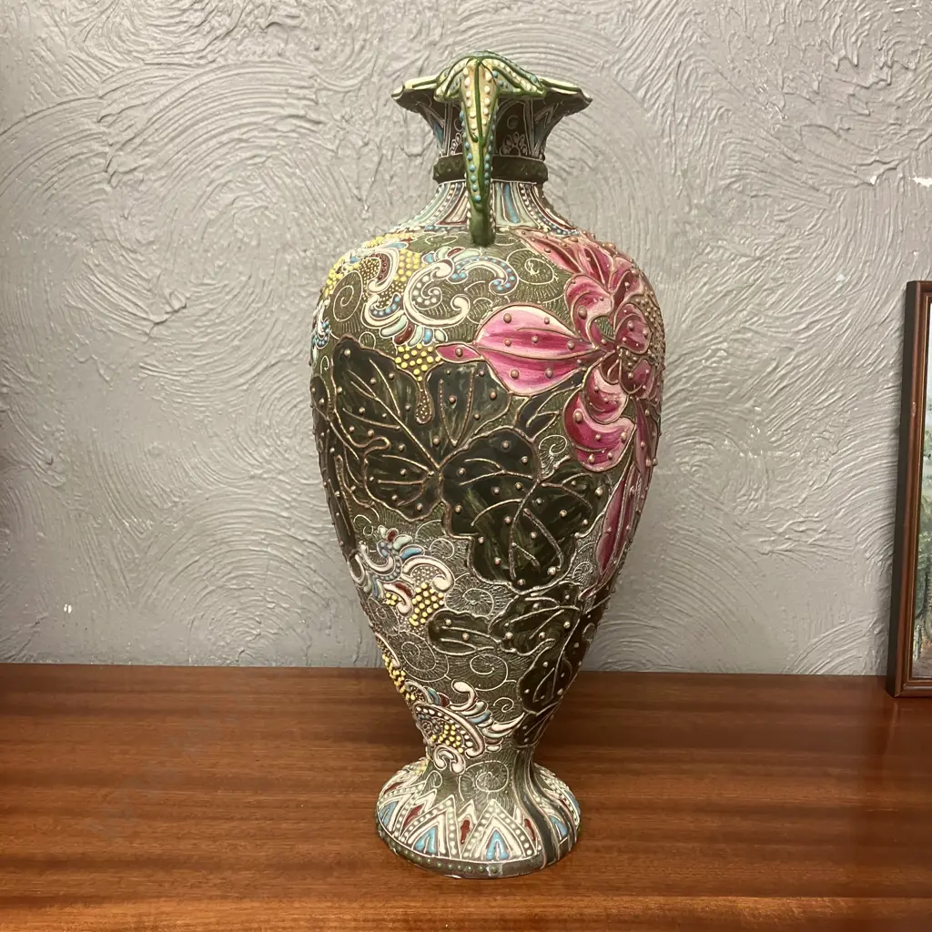 Antique Japanese Satsuma Vase Raised Floral Image With Handles H40cm. Image 1++