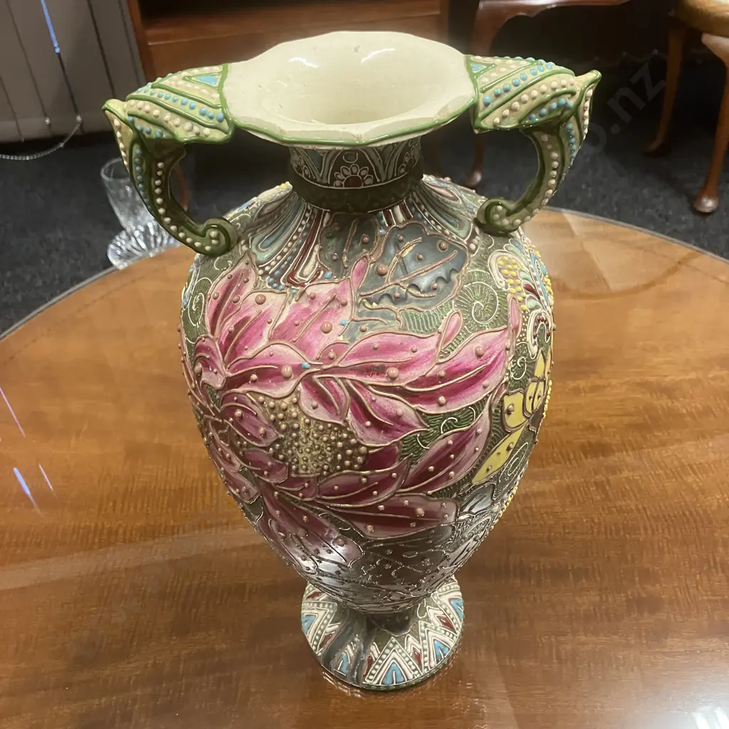 Antique Japanese Satsuma Vase Raised Floral Image With Handles H40cm. Image 1++