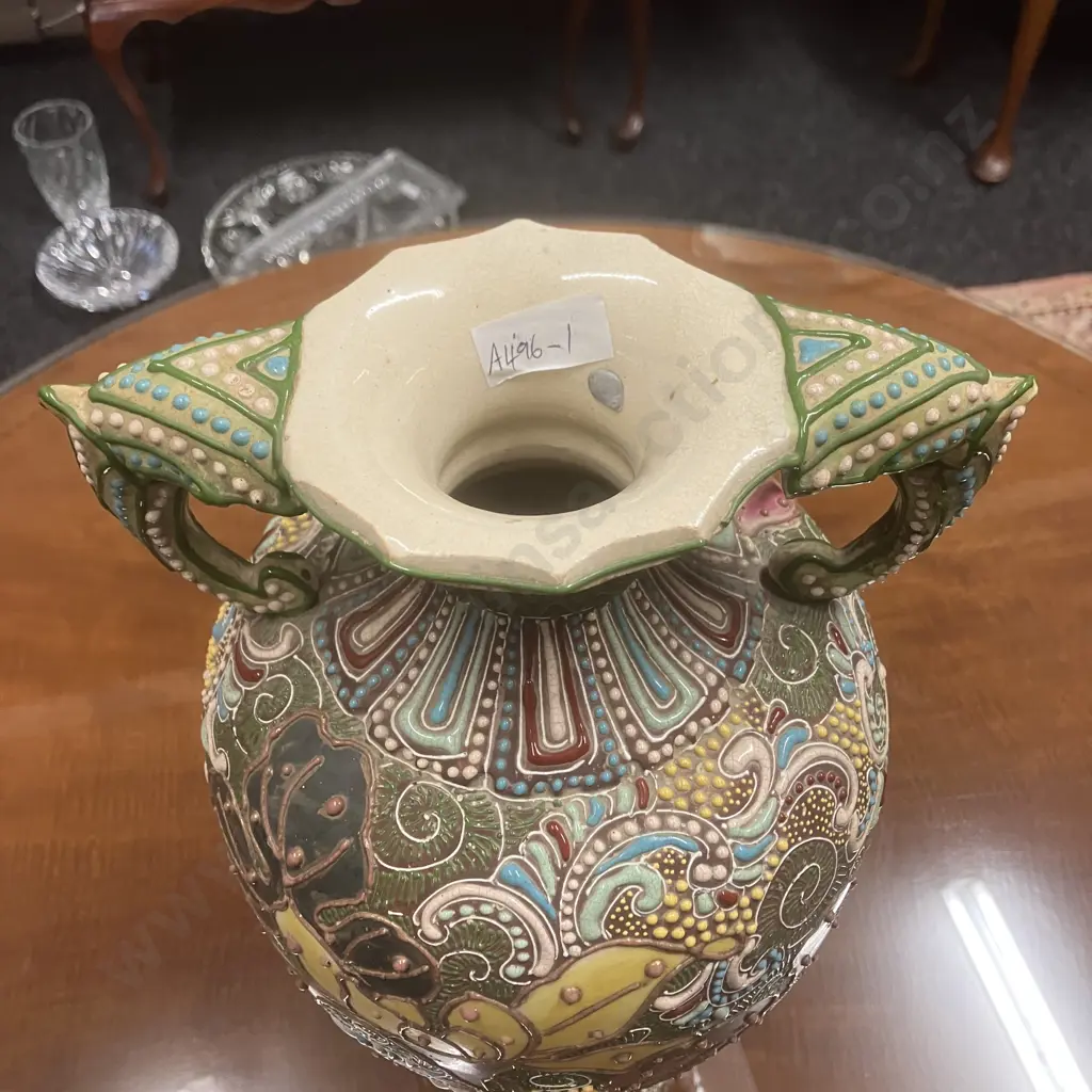 Antique Japanese Satsuma Vase Raised Floral Image With Handles H40cm. Image 1++