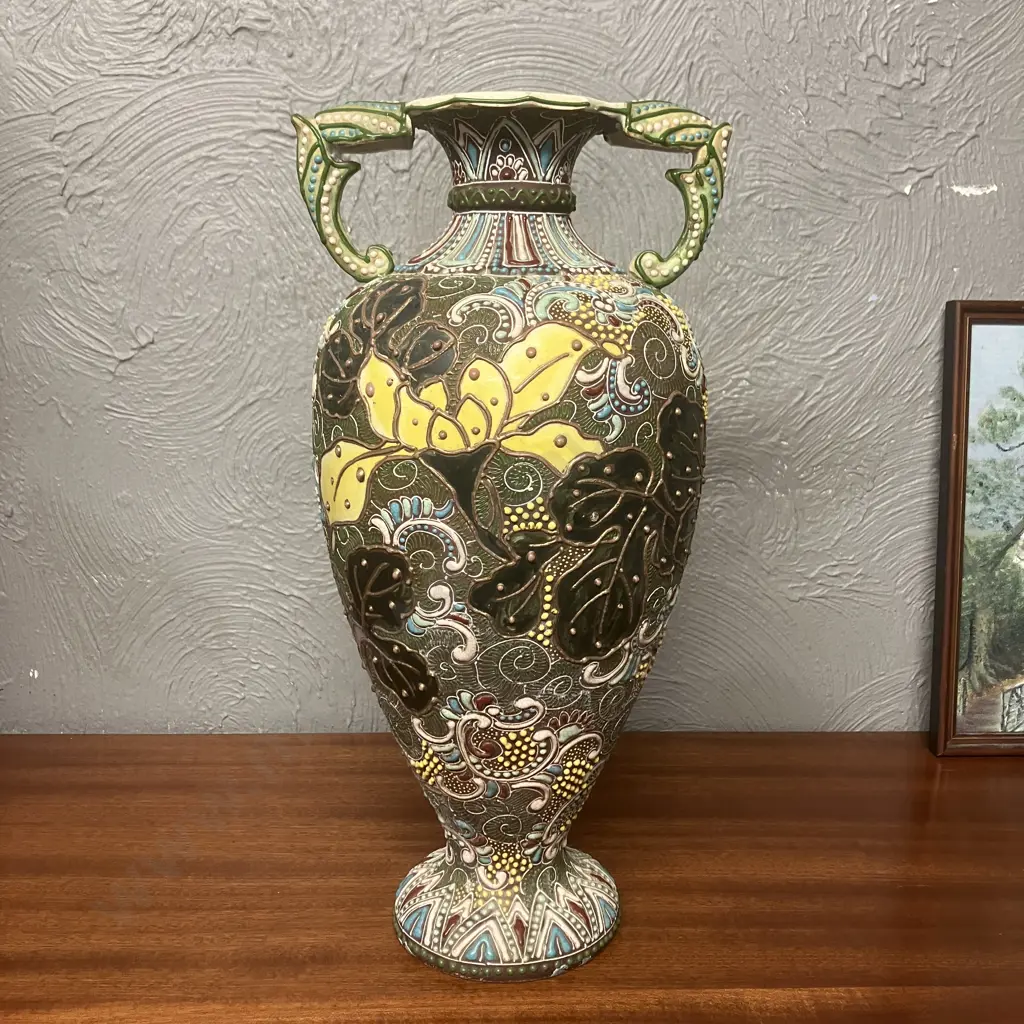 Antique Japanese Satsuma Vase Raised Floral Image With Handles H40cm. Image 1++