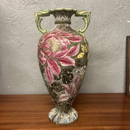 Antique Japanese Satsuma Vase Raised Floral Image With Handles H40cm.