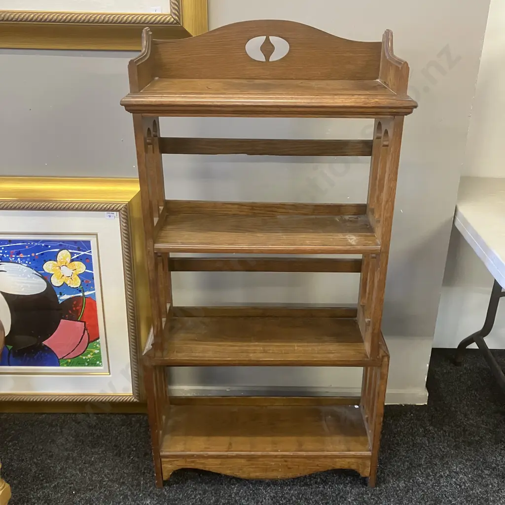 Solid Oak Arts & Crafts Style Open Bookshelf With Gallery Back & Gothic Double Arch Sides. H126 W63.5 D20cm Image 1++