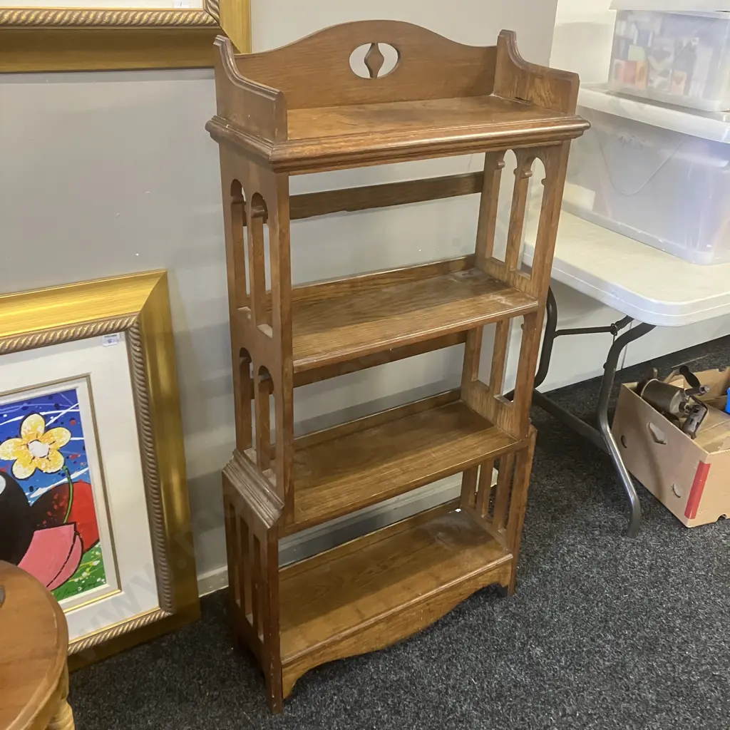 Solid Oak Arts & Crafts Style Open Bookshelf With Gallery Back & Gothic Double Arch Sides. H126 W63.5 D20cm Image 1++