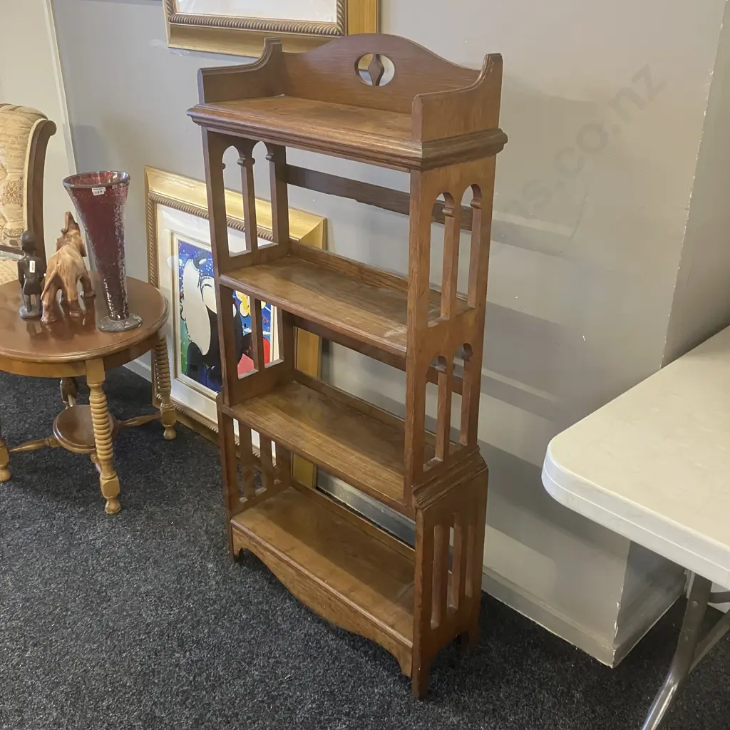 Solid Oak Arts & Crafts Style Open Bookshelf With Gallery Back & Gothic Double Arch Sides. H126 W63.5 D20cm Image 1++