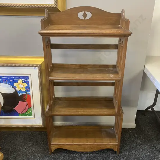 Solid Oak Arts & Crafts Style Open Bookshelf With Gallery Back & Gothic Double Arch Sides. H126 W63.5 D20cm