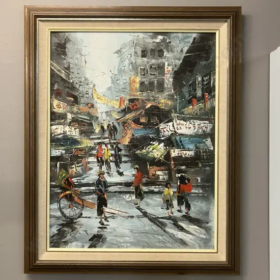 Vintage 1960s "T Chan" Oil Painting, Framed, Hong Kong Street Scene, Signed C.T. - 72 x 58.5cm