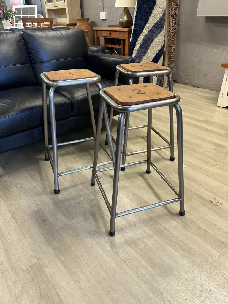Industrial Style Square Metal/Wooden Barstools x3 With Numbers 2,3,4 Stencil On Seats  Image 1++