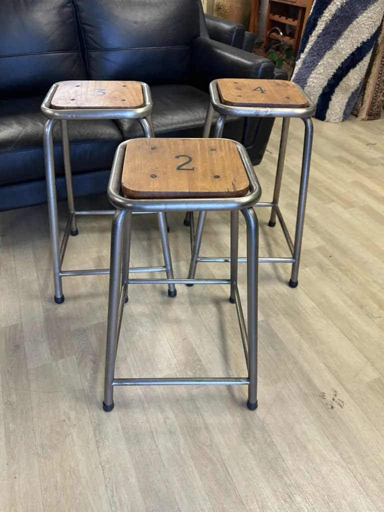 Industrial Style Square Metal/Wooden Barstools x3 With Numbers 2,3,4 Stencil On Seats  Image 1++