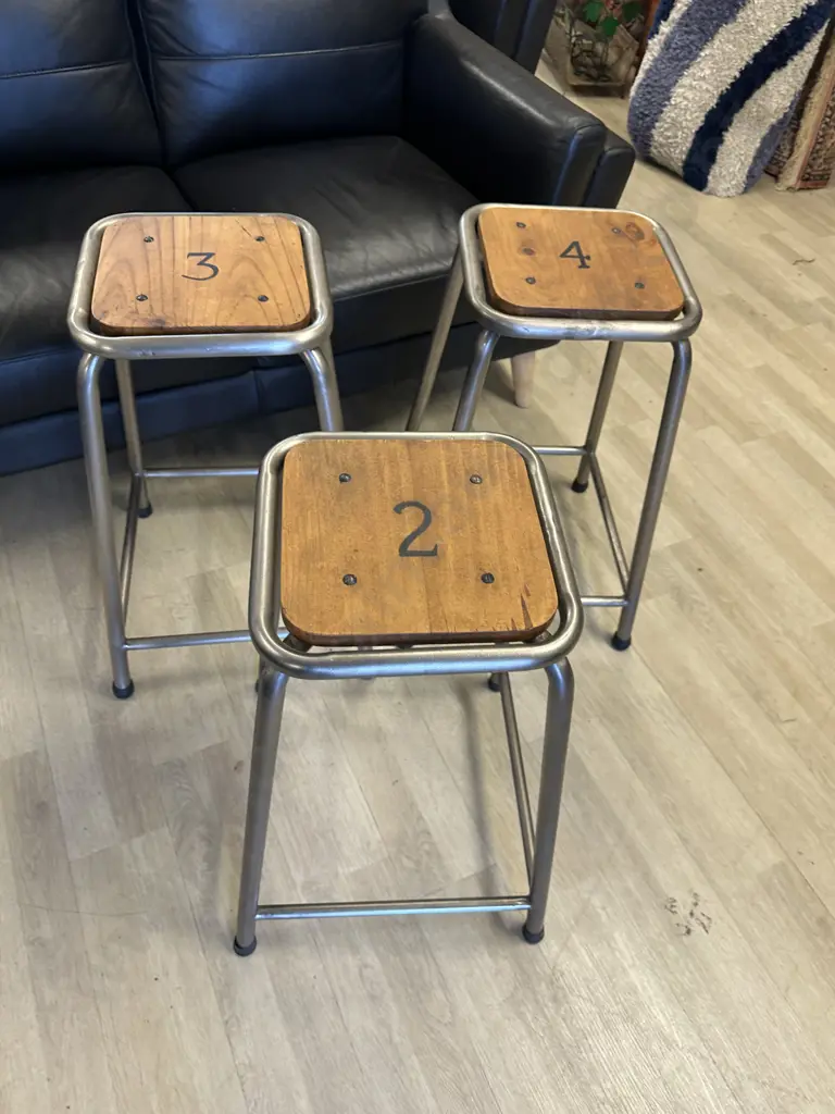 Industrial Style Square Metal/Wooden Barstools x3 With Numbers 2,3,4 Stencil On Seats  Image 1++