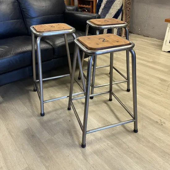 Industrial Style Square Metal/Wooden Barstools x3 With Numbers 2,3,4 Stencil On Seats 