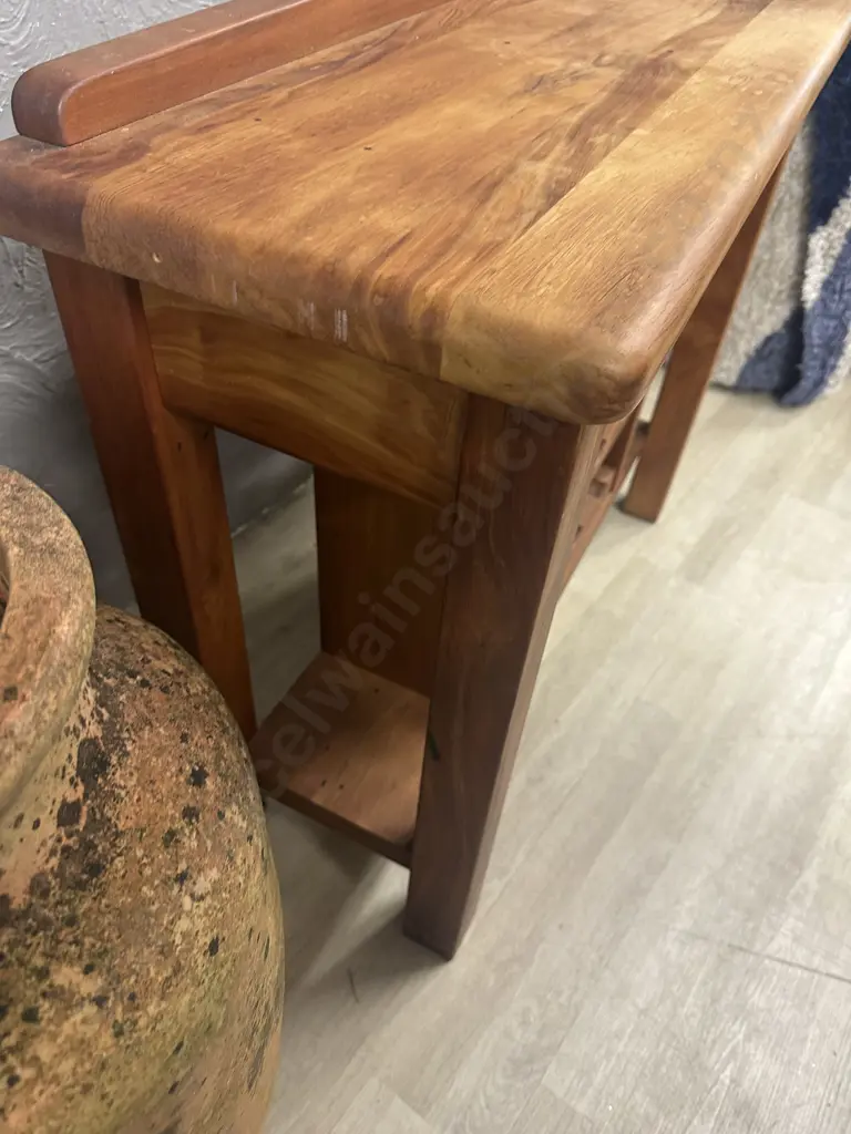 Recycled Rimu Hall Table Single Drawer/Wine Rack & Wrought Handle H83,W100,D40cm. Image 1++