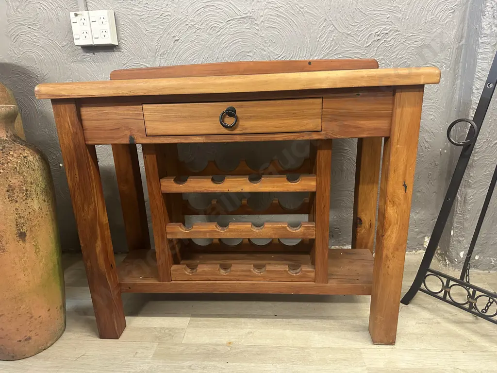 Recycled Rimu Hall Table Single Drawer/Wine Rack & Wrought Handle H83,W100,D40cm. Image 1++