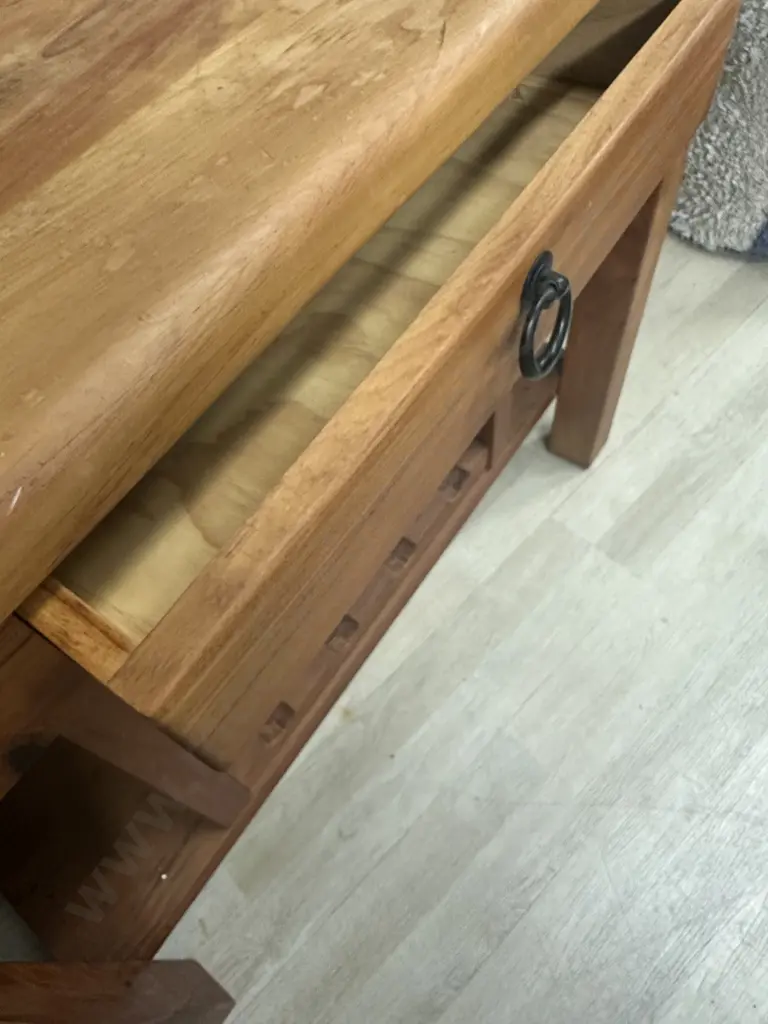 Recycled Rimu Hall Table Single Drawer/Wine Rack & Wrought Handle H83,W100,D40cm. Image 1++