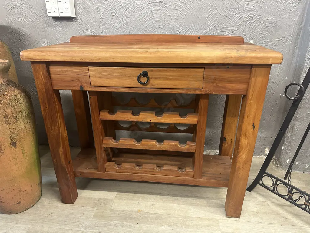 Recycled Rimu Hall Table Single Drawer/Wine Rack & Wrought Handle H83,W100,D40cm. Image 1++
