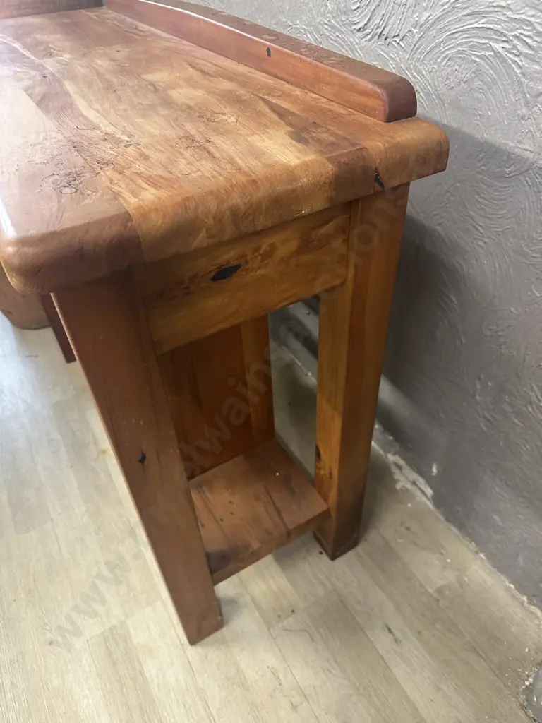 Recycled Rimu Hall Table Single Drawer/Wine Rack & Wrought Handle H83,W100,D40cm. Image 1++