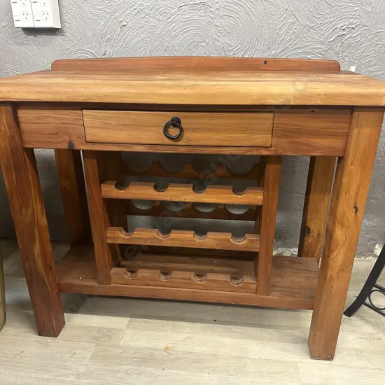 Recycled Rimu Hall Table Single Drawer/Wine Rack & Wrought Handle H83,W100,D40cm.