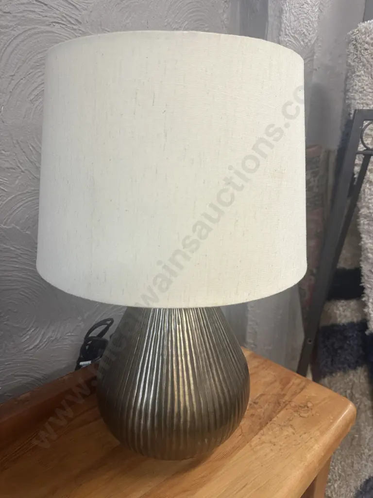 Early Settler Table Lamp Gold Coloured Ribbed Detail Base With Cream Shade H54cm. Image 1++