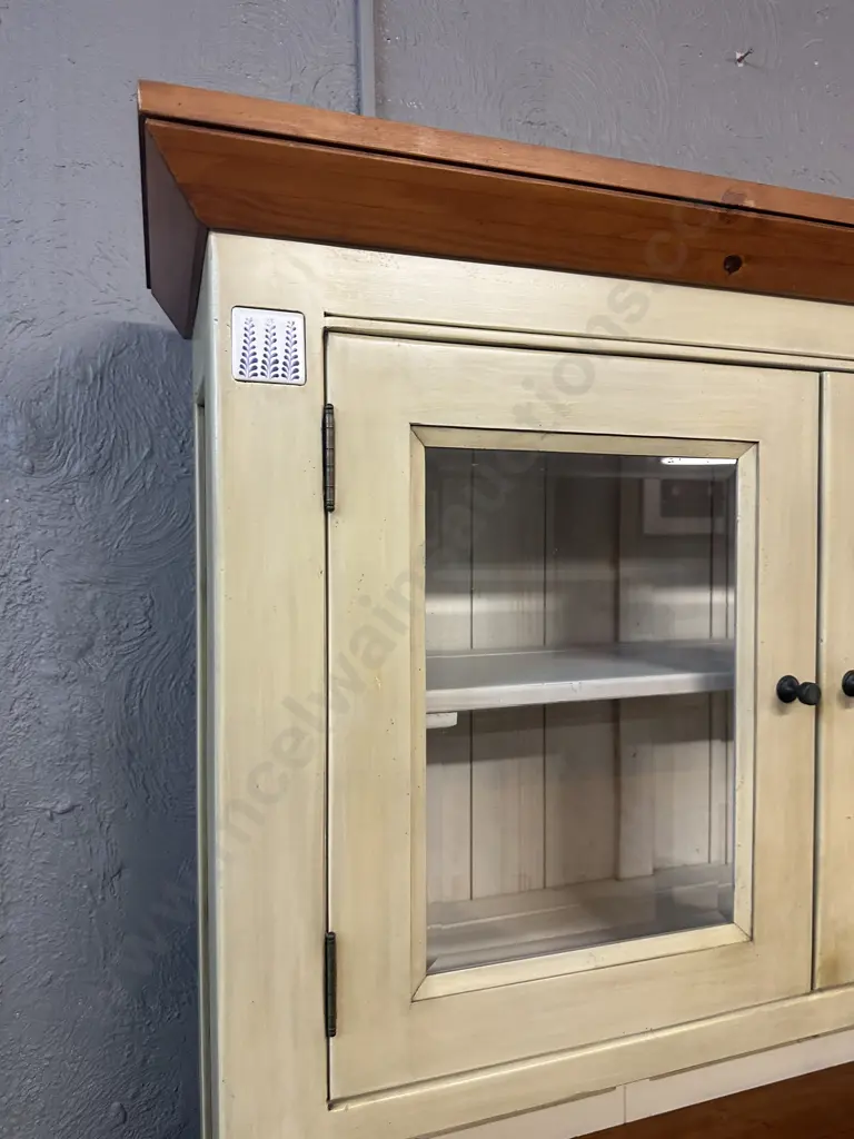 Two Piece Hutch Dresser Butter Cream Coloured With Tongue & Grove Look & Tile Detail Image 1++