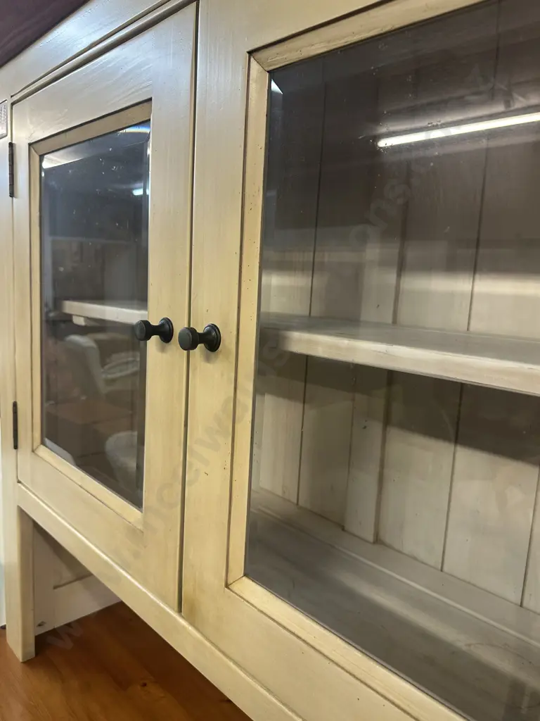Two Piece Hutch Dresser Butter Cream Coloured With Tongue & Grove Look & Tile Detail Image 1++