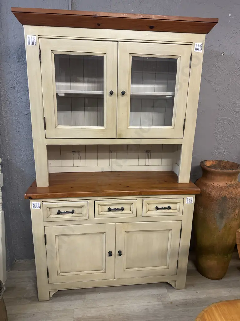 Two Piece Hutch Dresser Butter Cream Coloured With Tongue & Grove Look & Tile Detail Image 1++