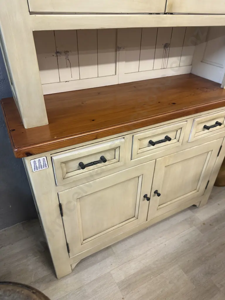 Two Piece Hutch Dresser Butter Cream Coloured With Tongue & Grove Look & Tile Detail Image 1++