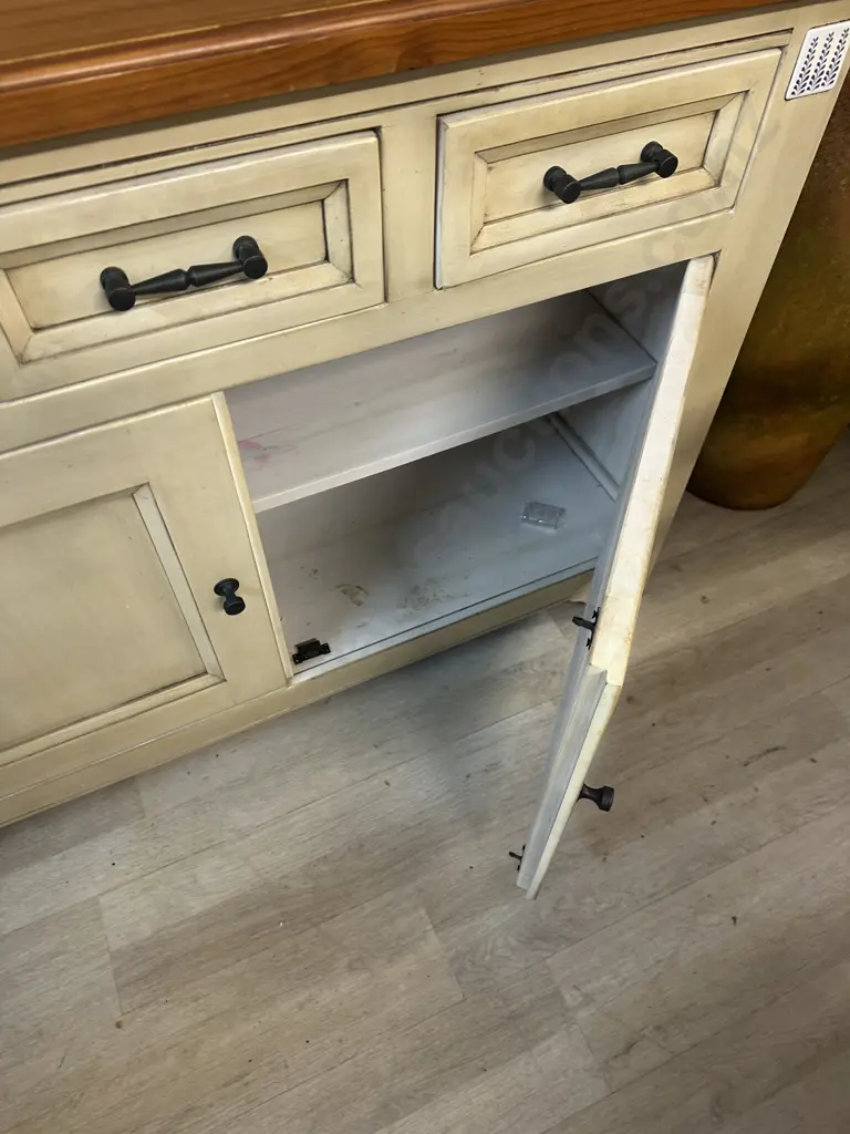 Two Piece Hutch Dresser Butter Cream Coloured With Tongue & Grove Look & Tile Detail Image 1++