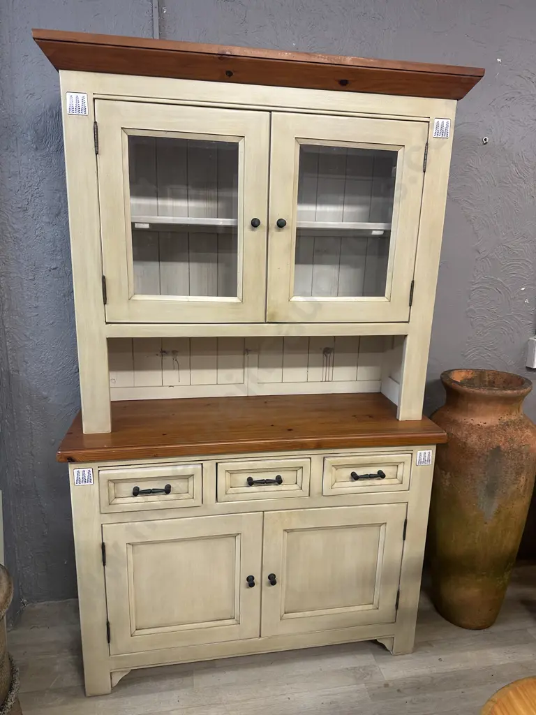 Two Piece Hutch Dresser Butter Cream Coloured With Tongue & Grove Look & Tile Detail Image 1++