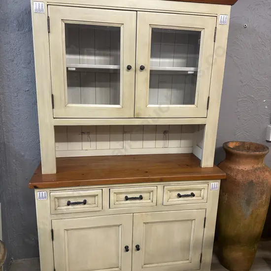 Two Piece Hutch Dresser Butter Cream Coloured With Tongue & Grove Look & Tile Detail