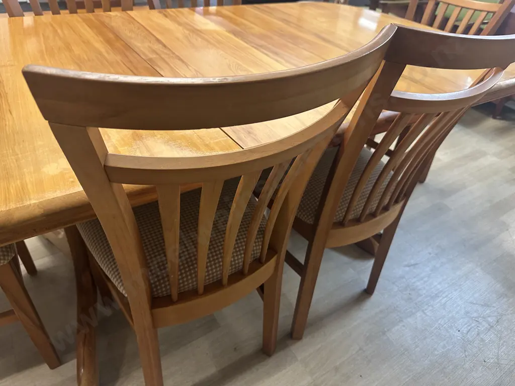 Rimu Dining Table & Six Chairs With Curved Slat Back & Checked Upholstered H75,W198,D100cm. Extention 39cm. Image 1++