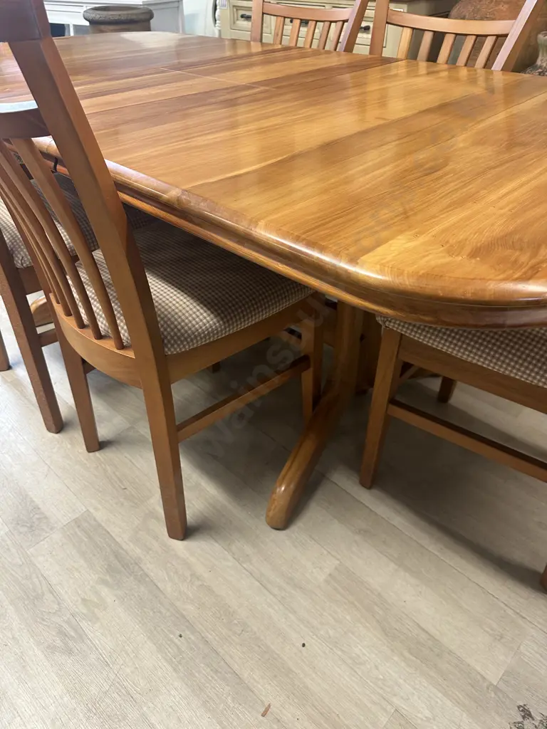 Rimu Dining Table & Six Chairs With Curved Slat Back & Checked Upholstered H75,W198,D100cm. Extention 39cm. Image 1++